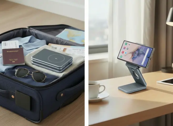 Blue suitcase with travel items including a passport, sunglasses, and a wireless charger, next to a smartphone on a stand.