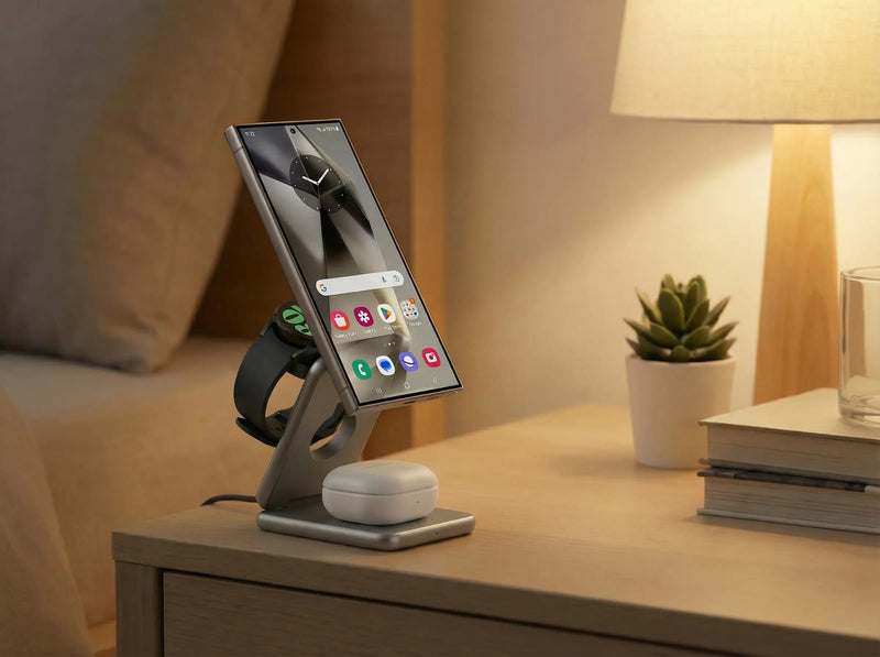 Smartphone on a stand with a watch and wireless earbuds on a nightstand in a bedroom setting.