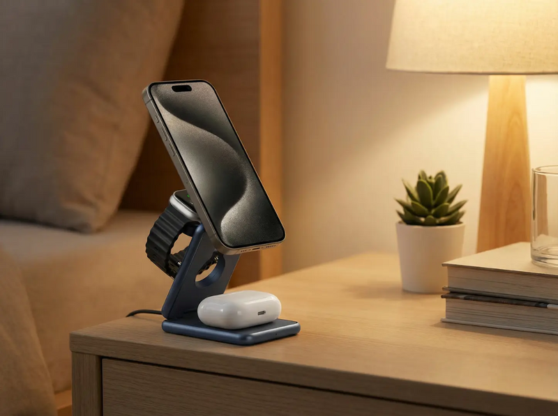 Phone stand with phone, watch, and airpods on a nightstand with a cozy bedroom background.
