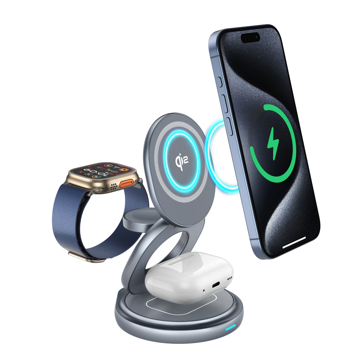 FlexOrb charging an iPhone, Apple Watch and AirPods at once