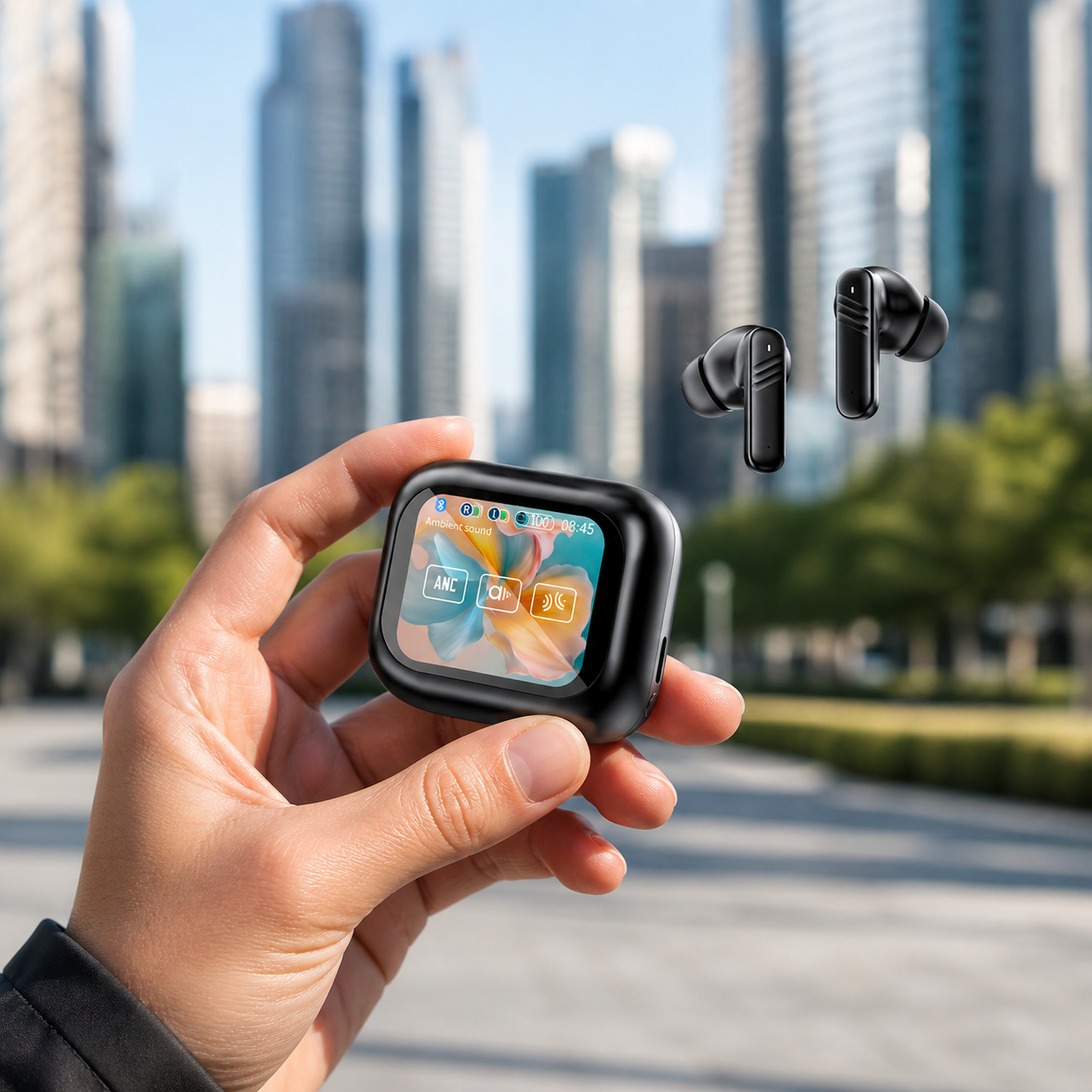 Hand holding a Groove buds with a cityscape in the background