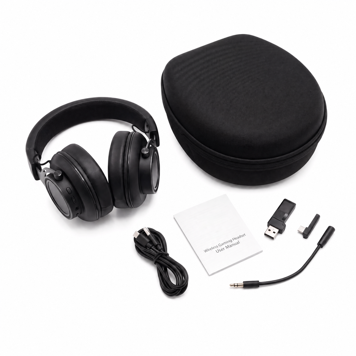 Groove Play BT70 gaming headset box contents: headset, detachable boom microphone, 2.4G wireless dongle and USB-C charging and audio cable