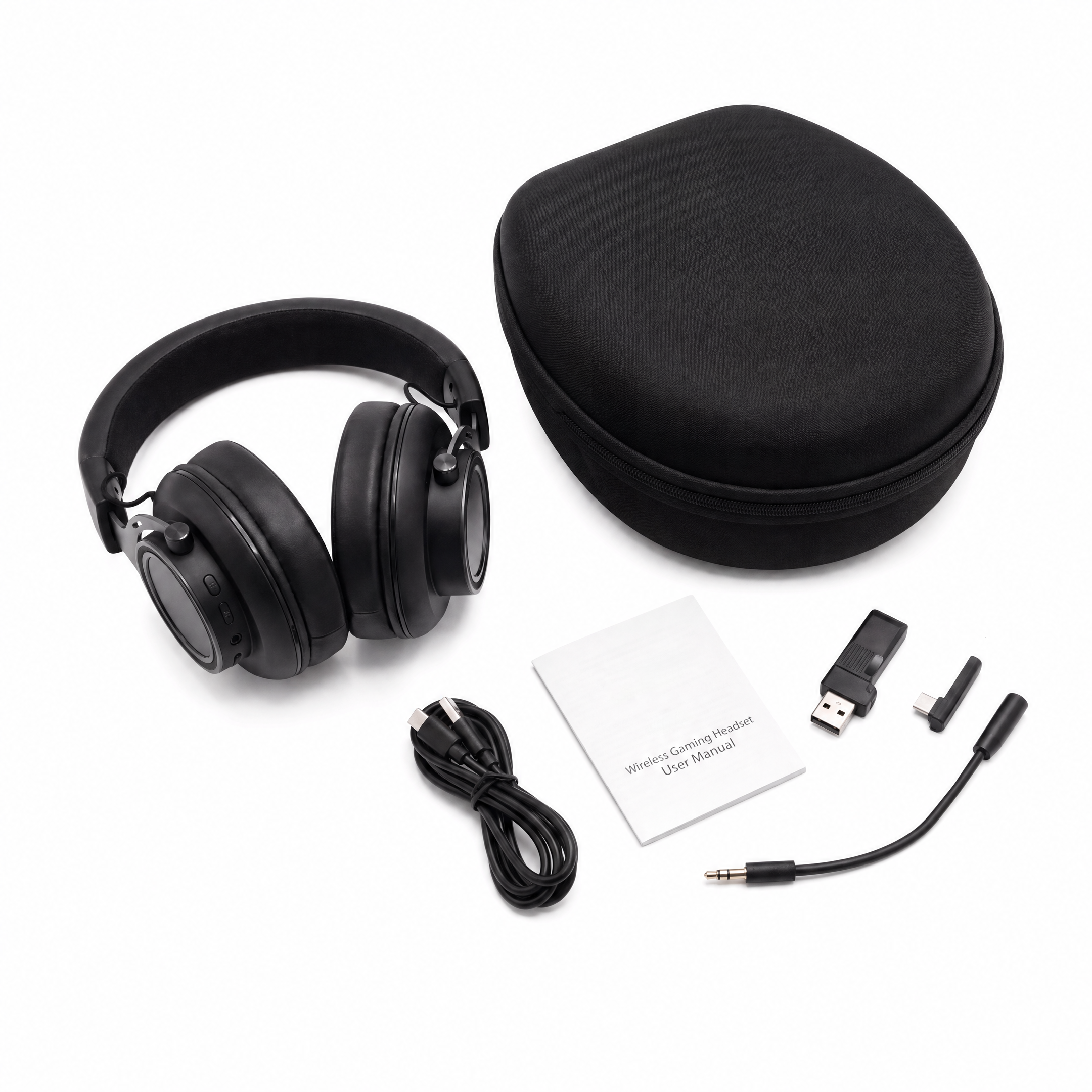 Groove Play BT70 gaming headset box contents: headset, detachable boom microphone, 2.4G wireless dongle and USB-C charging and audio cable