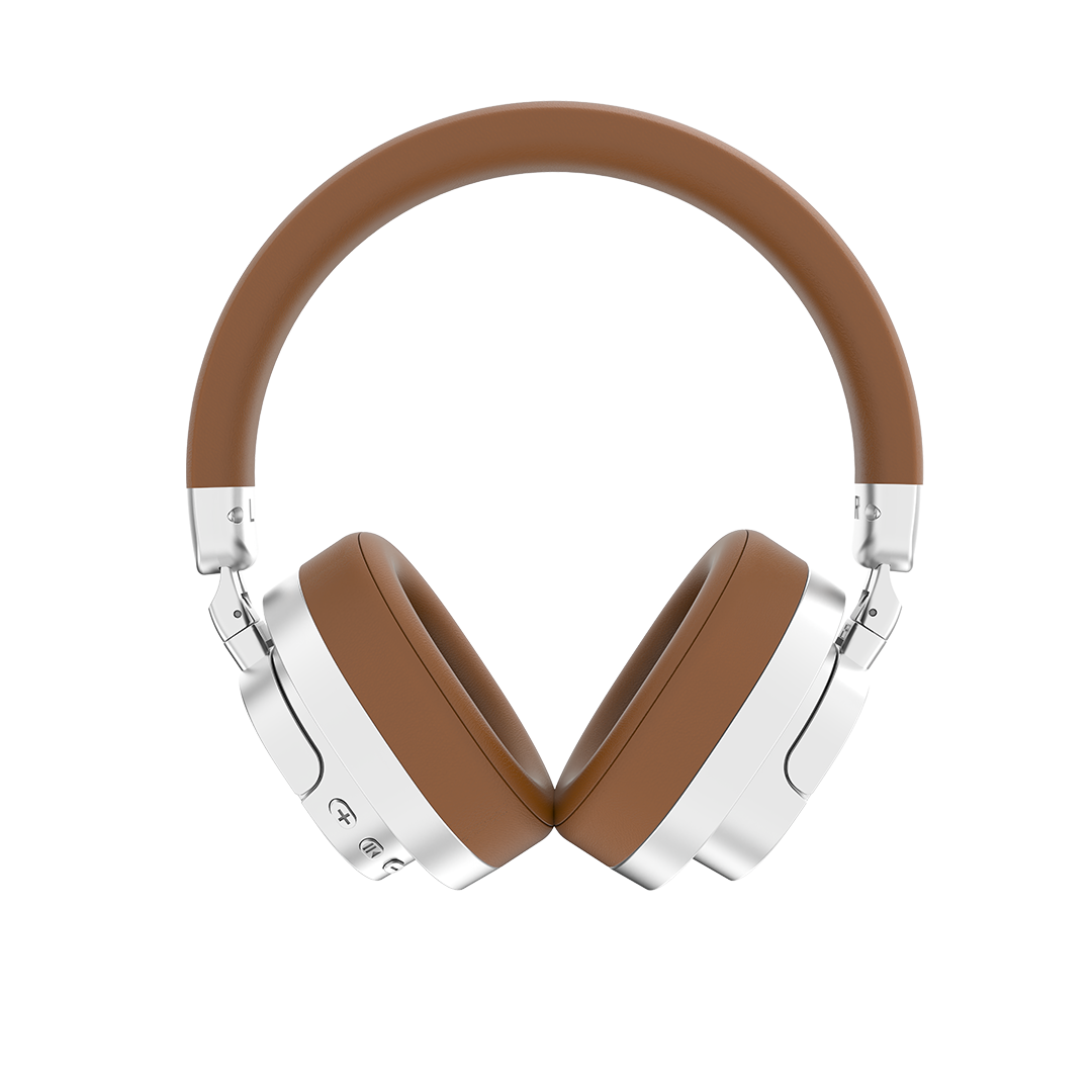 Groove Studio wireless over-ear headphones in Brown with silver accents, front view with headband arched