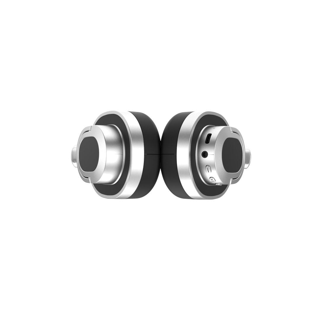 Groove Studio Black headphones, earcups folded flat showing the USB-C charging port, 3.5mm AUX jack and control buttons
