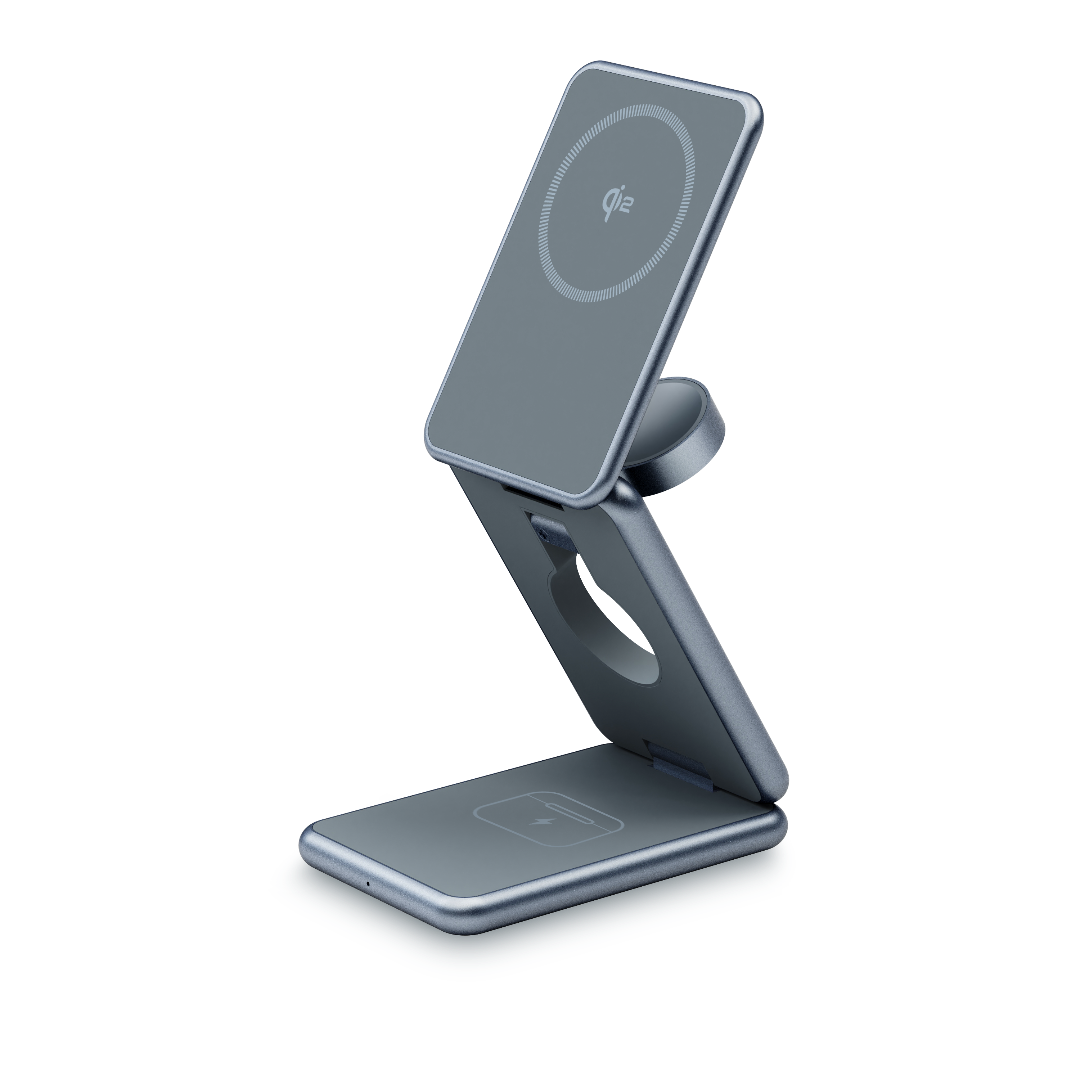 Gray - FlexCube Slim Qi2 3-in-1 Wireless Charger for Samsung Galaxy on charging stand on a white background