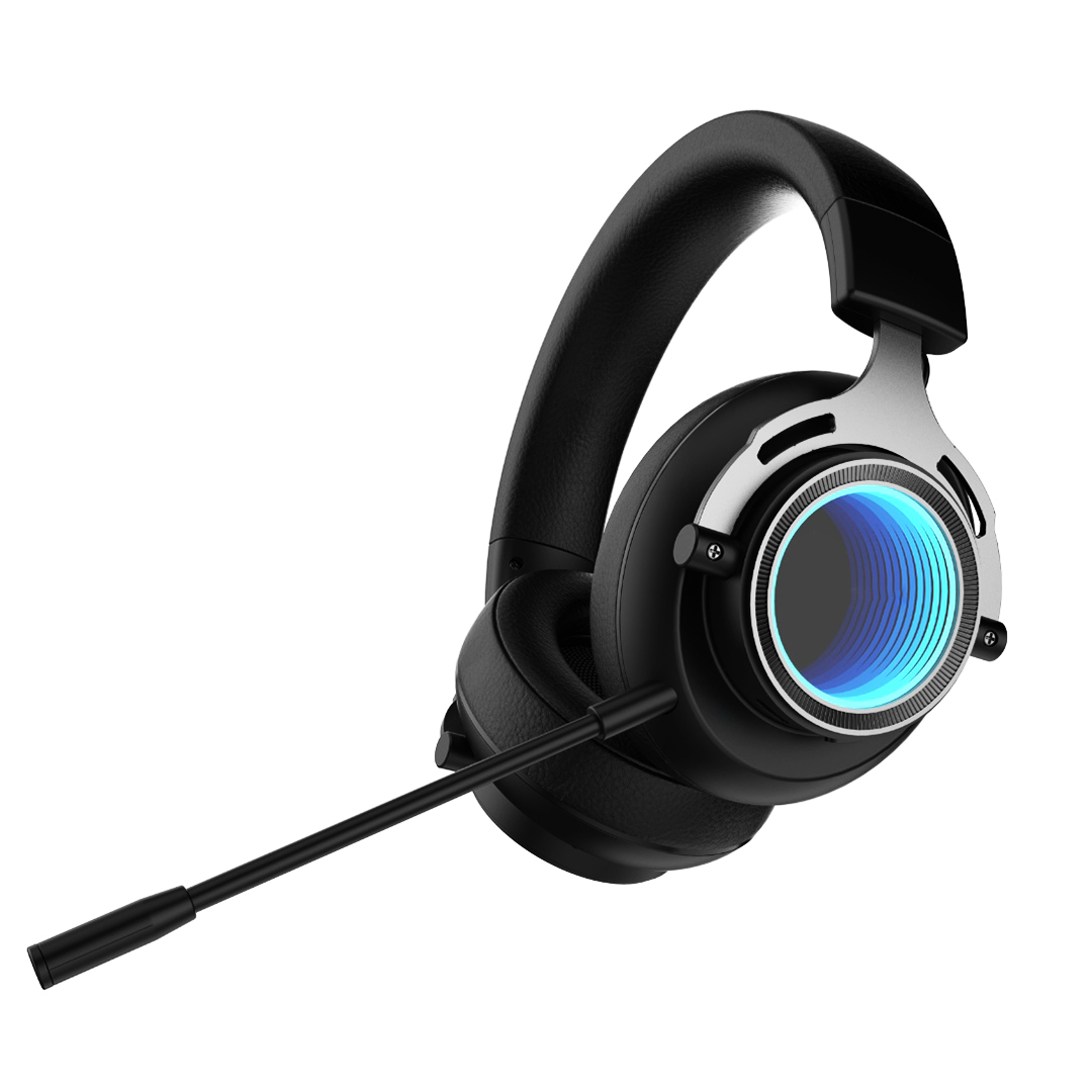Black gaming headset with blue light on a white background