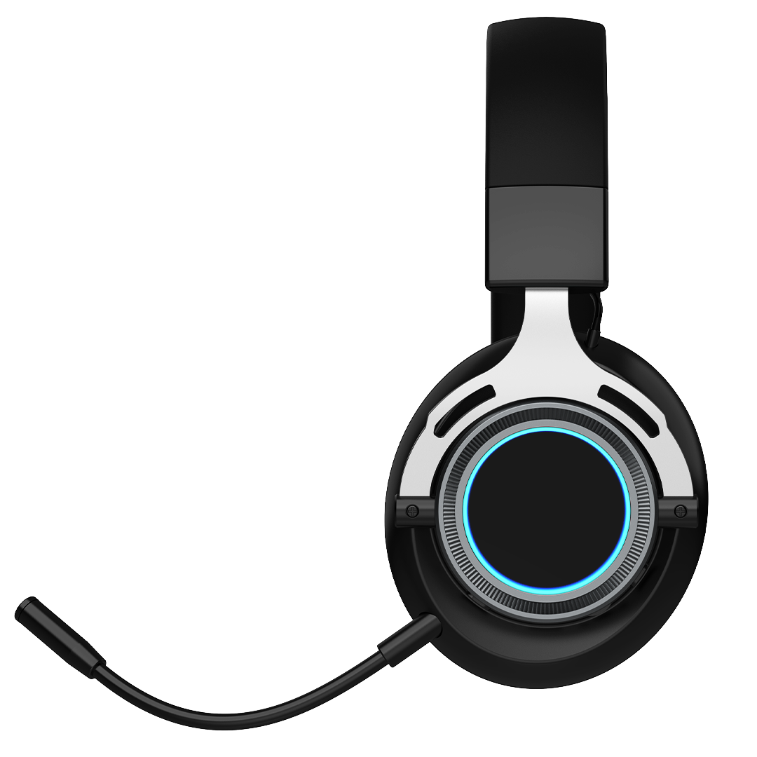Black gaming headset with a microphone on a white background