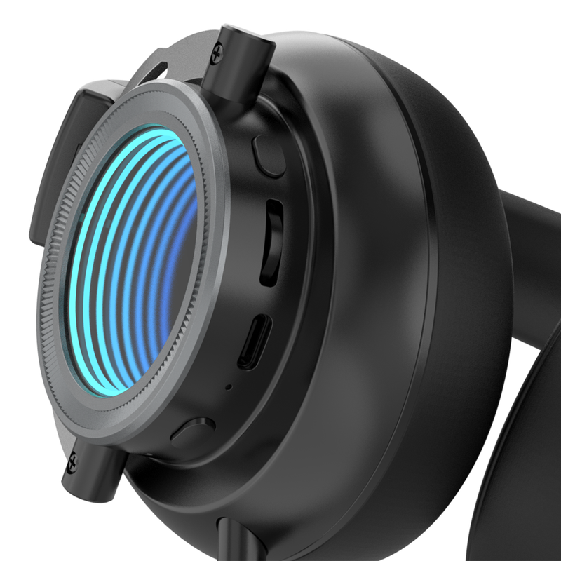 Close-up of the Groove Play wireless gaming headset earcup with LED lighting