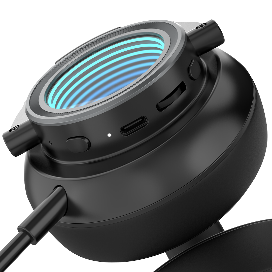 Black electronic headset with blue light on a white background