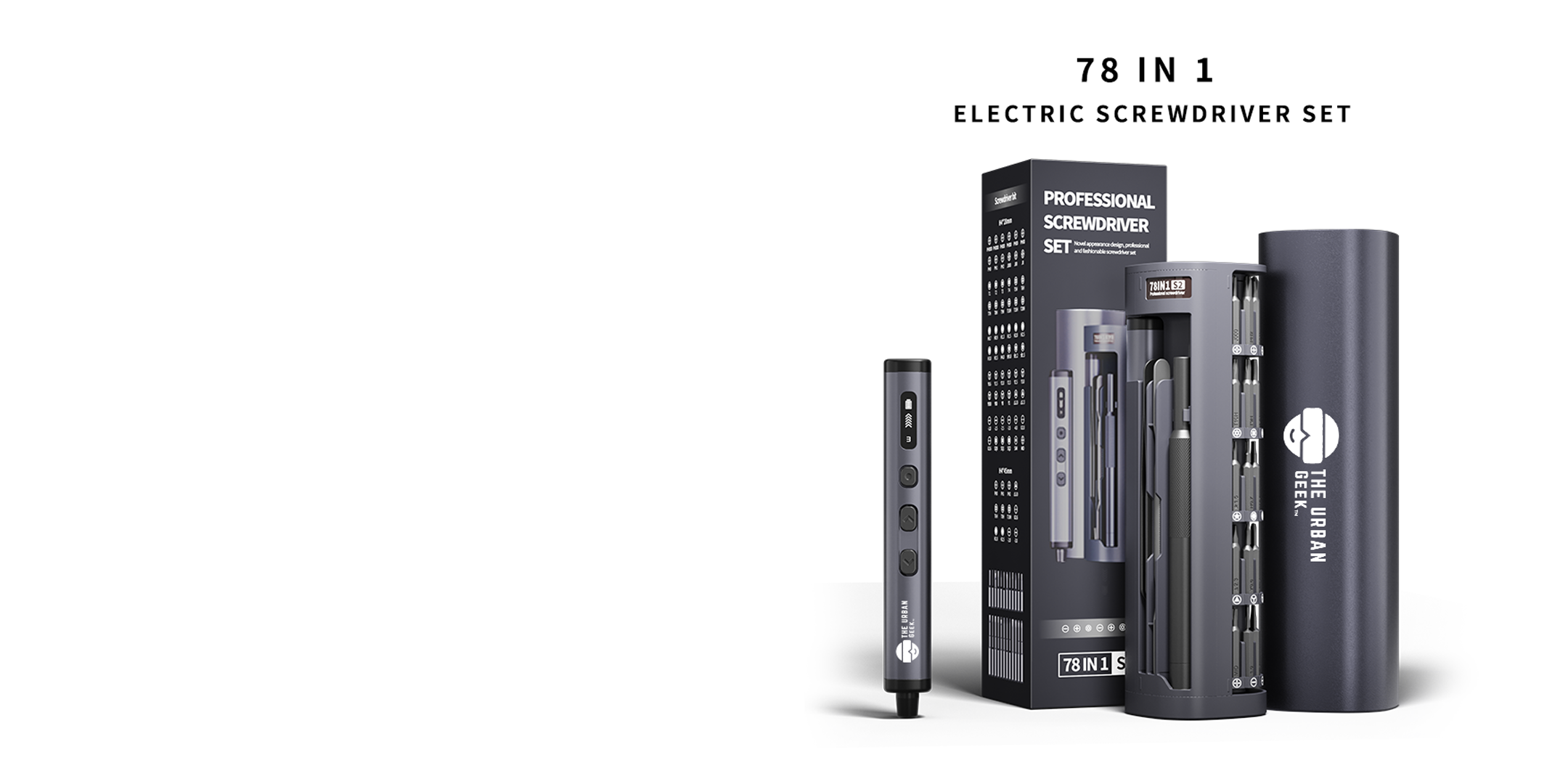 78-in-1 electric screwdriver set with multiple components on a white background | The Urban Geek