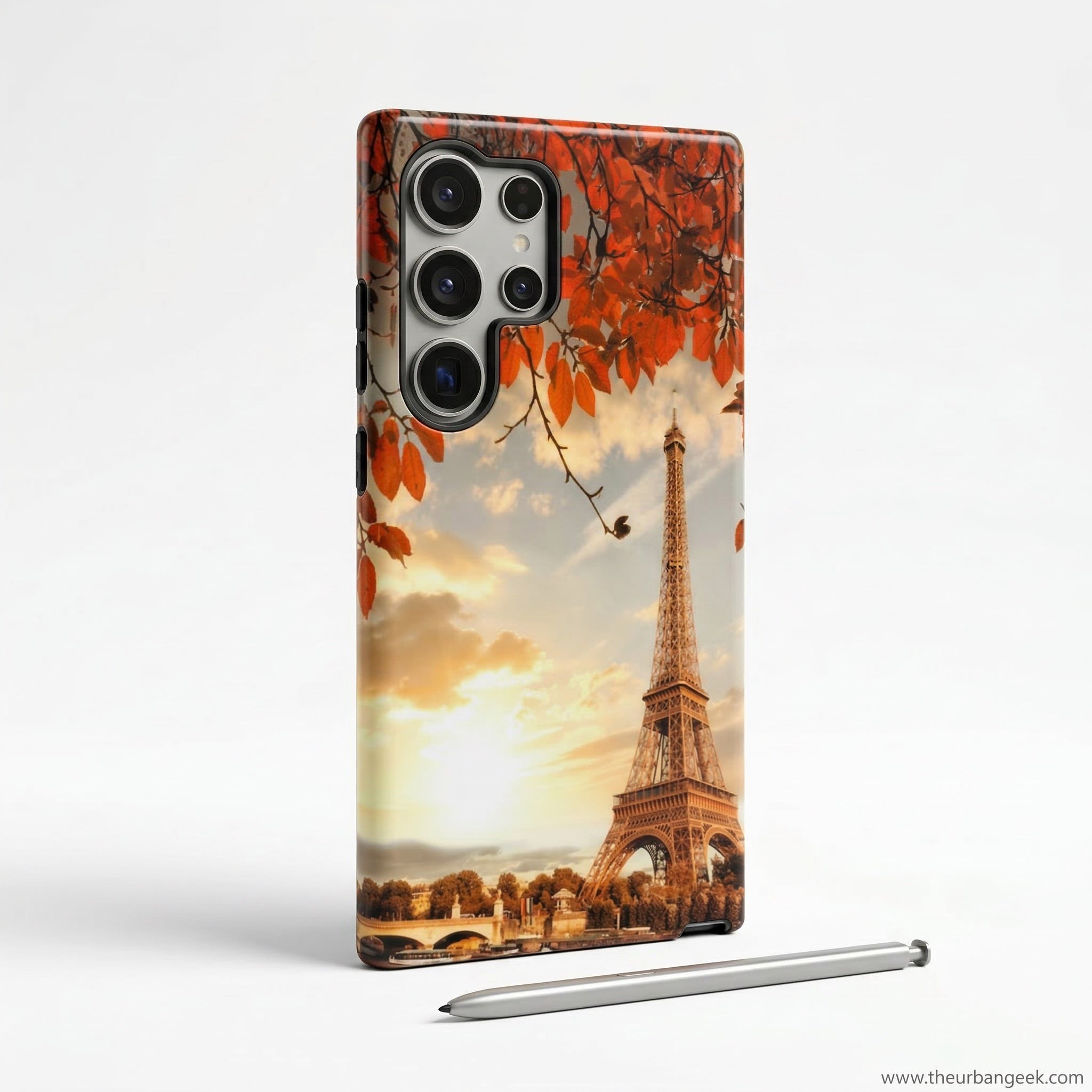 Samsung S25 Ultra Magnetic Phone case with Eiffel Tower design and autumn leaves on a white background
