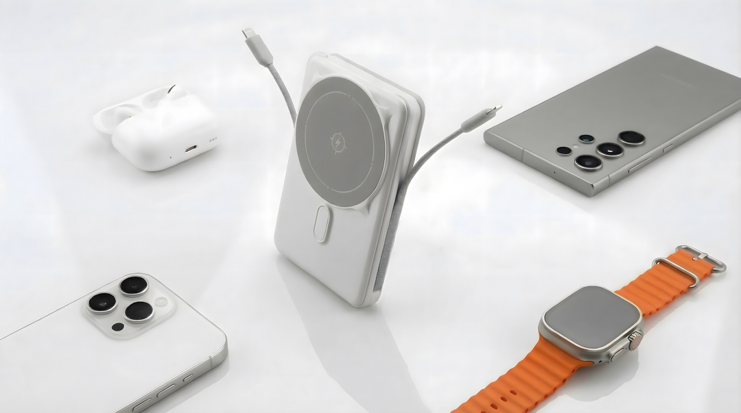 Collection of electronic devices highlighting a magnetic wireless charging 10000 man powerbank which can charge  a phone, watch on a white background