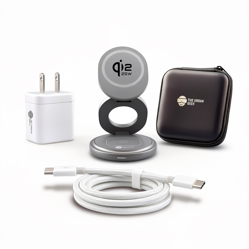 FlexOrb Qi2 Swivel 3-in-1 Wireless Charger, 30W Adapter, USB-C Cable, Travel Pouch