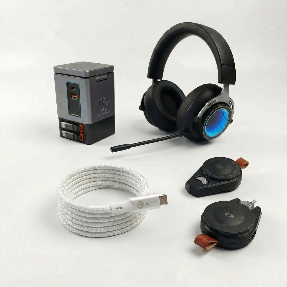 Remote Work Home Essentials Bundle - Wireless Charging Station, Wireless Headset, Silver 8K 240W Cable, Watch Charger