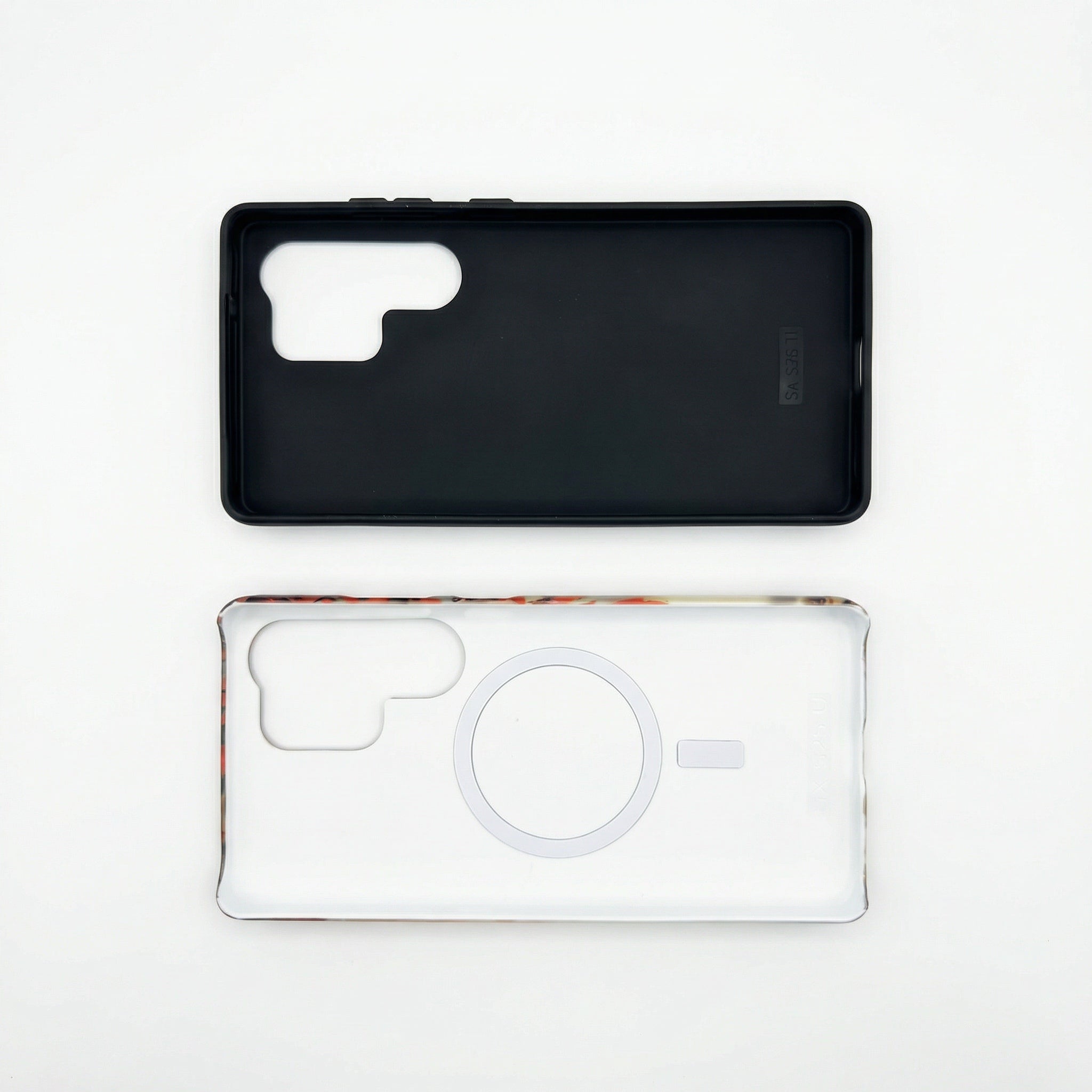 Inside of Samsung Phone case showing the printable phone case with magnetic ring and shockproof black protection case