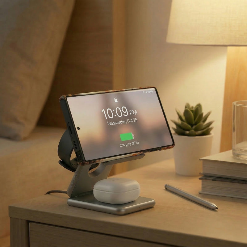 Samsung  s25 Ultra Phone, Samsung watch and Samsung earbuds  on a FlexCube Slim 3-in-1 magnetic wireless charger on a nightstand, displaying time and battery status.