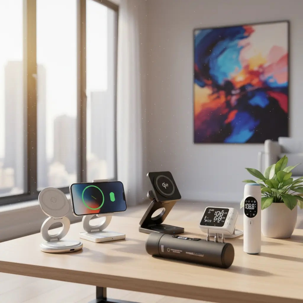 Smart home devices on a table with a colorful abstract painting in the background