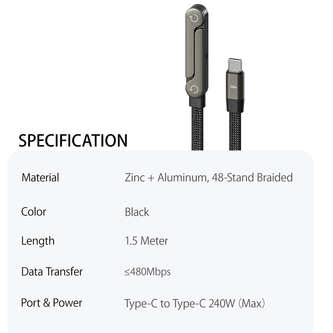 Black braided cable with connectors on a white background, featuring specifications for 240W USB-C Data Cable with Stand