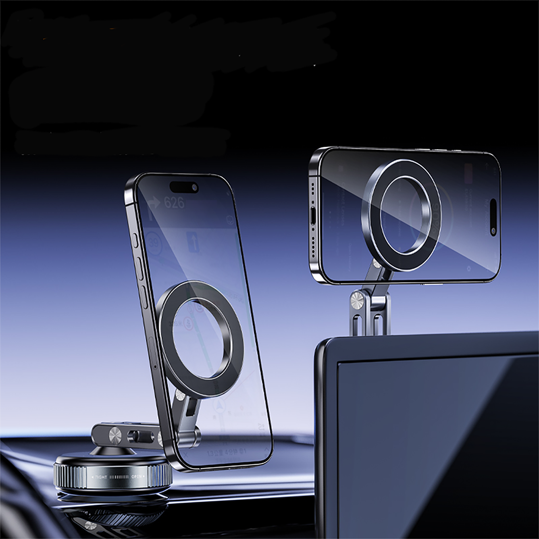 Magnetic car mount with transparent phone showing portrait and landscape mode in  dark  background