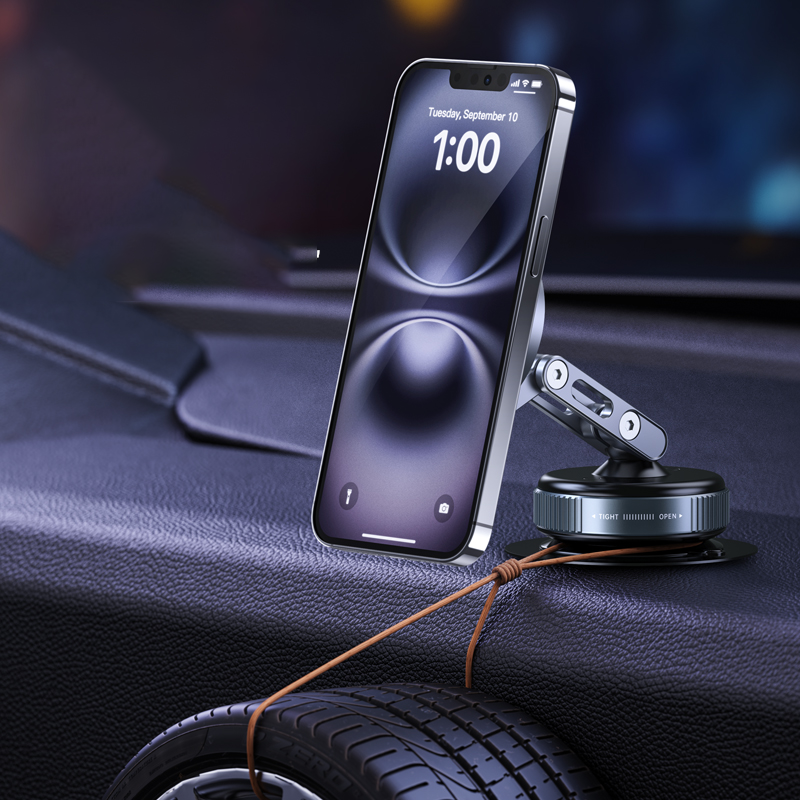 Smartphone on a car dashboard with a phone holder attached, displaying the time.