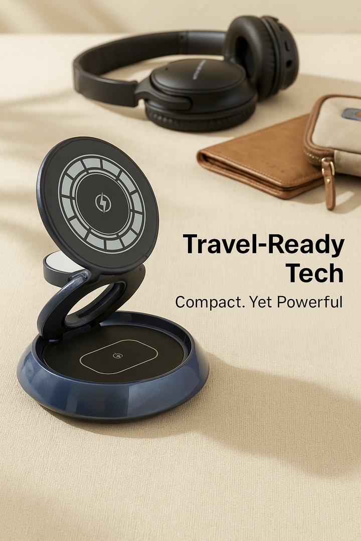 Wireless charging stand with headphones and wallet on a beige surface, featuring text 'Travel-Ready Tech'.