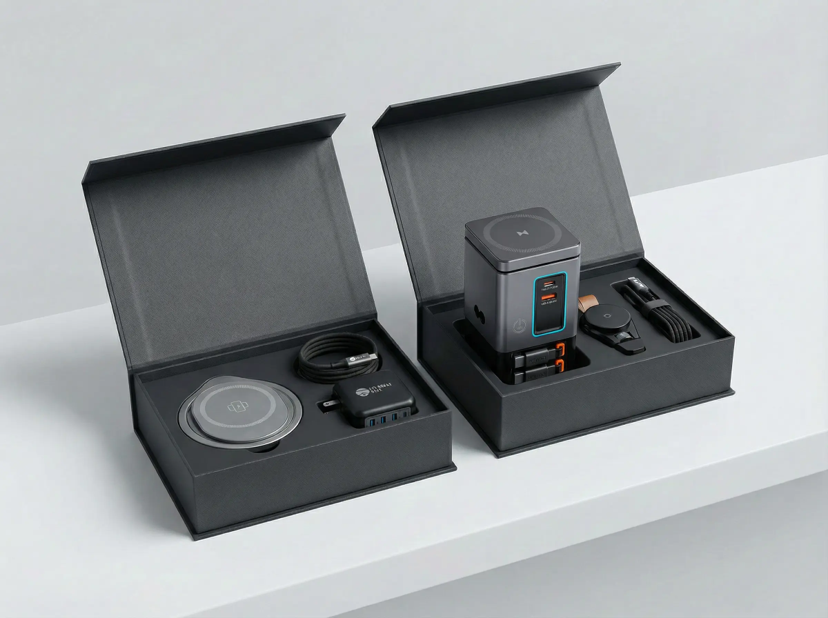Set of electronic devices including a watch, charging pad, and small box on a light gray surface.