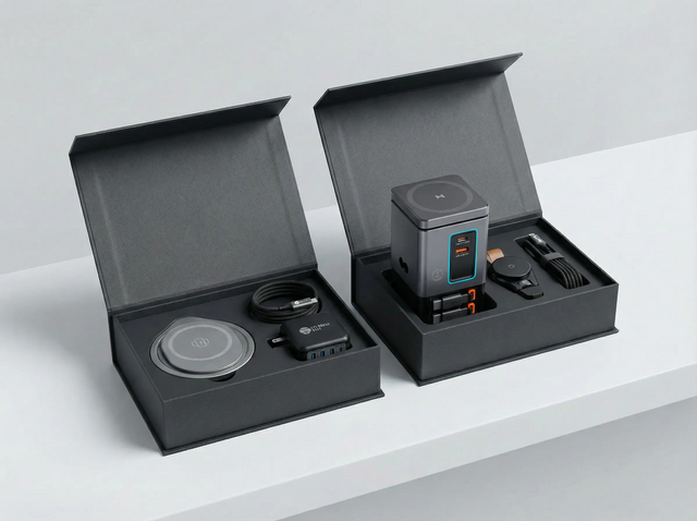 Set of electronic devices including a watch, charging pad, and small box on a light gray surface.