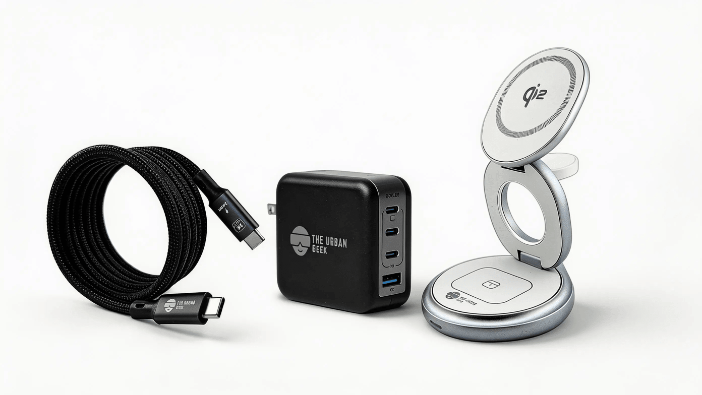White FlexOrb Qi2 3-in-1 Swivel Charger, Black 240W, 8K Data Display and Fast Charge Cable, Black Multiport GaN 100W Adapter