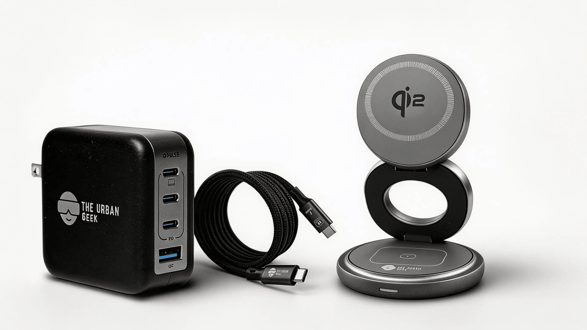 Gray FlexOrb Qi2 3-in-1 Swivel Charger, Black 240W, 8K Data Display and Fast Charge Cable, Black Multiport GaN 100W Adapter
