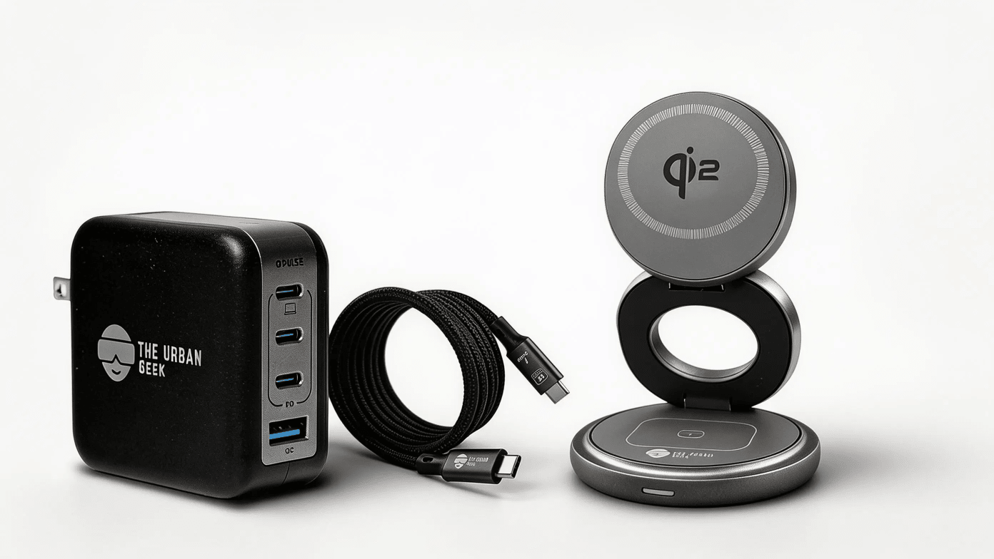 Gray FlexOrb Qi2 3-in-1 Swivel Charger, Black 240W, 8K Data Display and Fast Charge Cable, Black Multiport GaN 100W Adapter