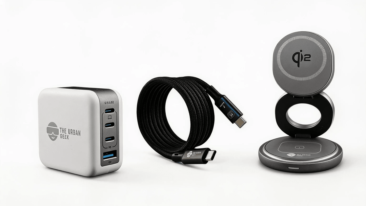 Gray FlexOrb Qi2 3-in-1 Swivel Charger, Black 240W, 8K Data Display and Fast Charge Cable, White Multiport GaN 100W Adapter