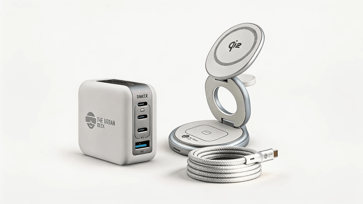 White FlexOrb Qi2 3-in-1 Swivel Charger, Silver 240W, 8K Data Display and Fast Charge Cable, White Multiport GaN 100W Adapter