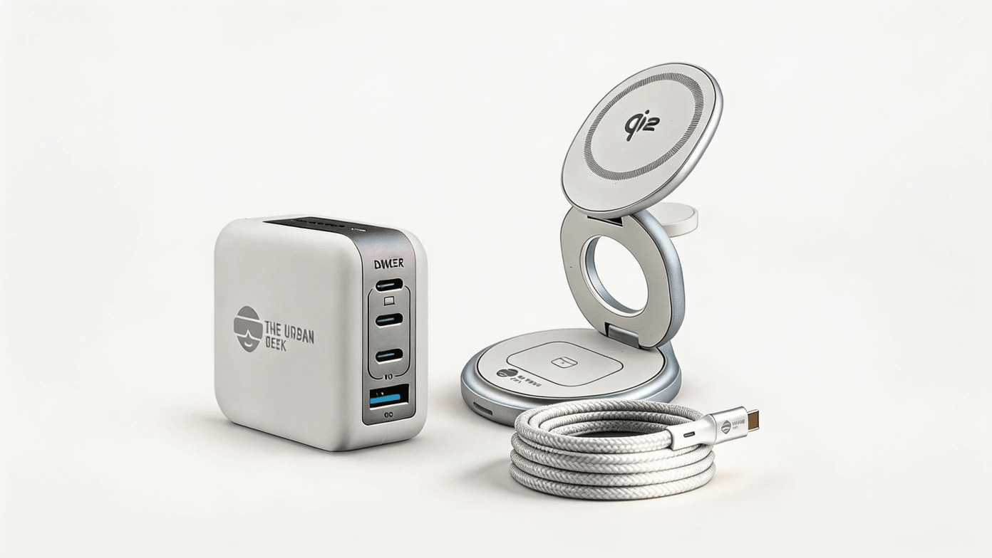 White FlexOrb Qi2 3-in-1 Swivel Charger, Silver 240W, 8K Data Display and Fast Charge Cable, White Multiport GaN 100W Adapter