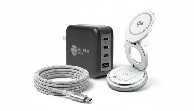White FlexOrb Qi2 3-in-1 Swivel Charger, Silver 240W, 8K Data Display and Fast Charge Cable, Black Multiport GaN 100W Adapter