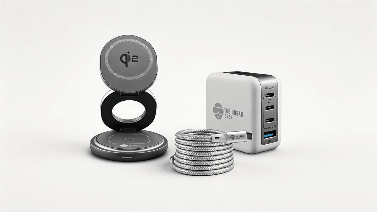 Gray FlexOrb Qi2 3-in-1 Swivel Charger, Silver 240W, 8K Data Display and Fast Charge Cable, White Multiport GaN 100W Adapter