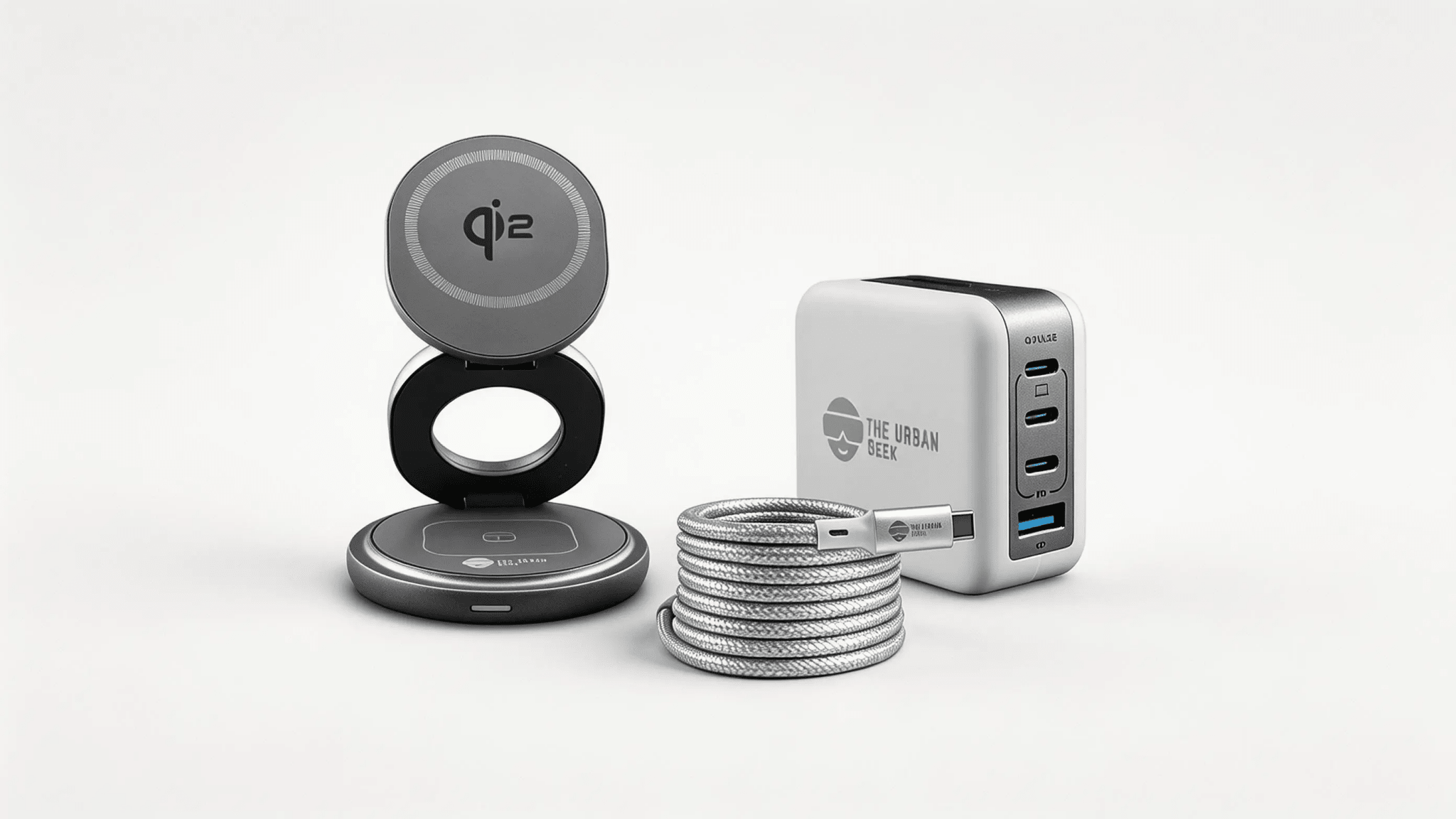 Gray FlexOrb Qi2 3-in-1 Swivel Charger, Silver 240W, 8K Data Display and Fast Charge Cable, White Multiport GaN 100W Adapter