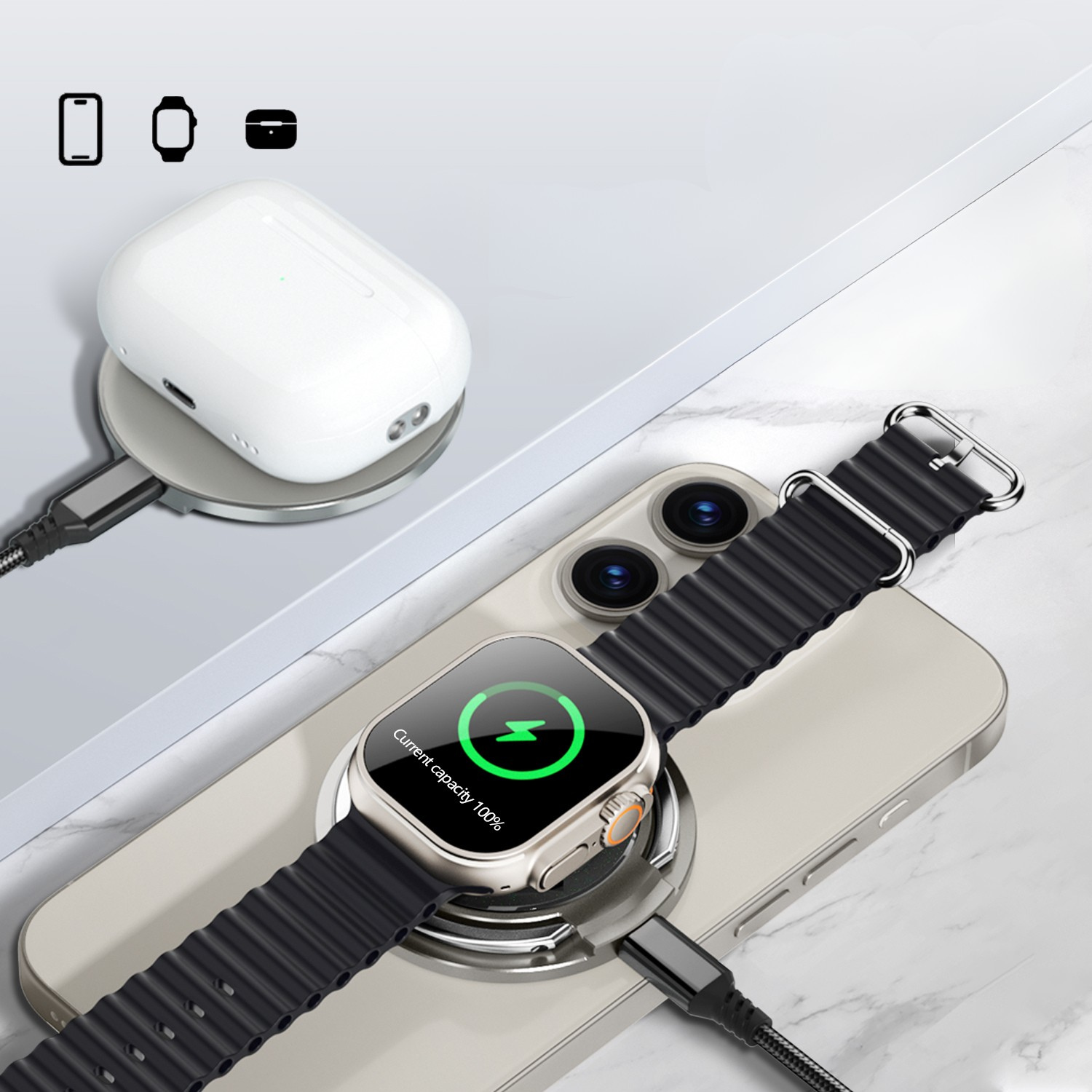 Smartwatch with black band charging on a flexing magnetic 3-in-1 charger that can charge 2 devices, phone, and watch at the same time but it can also charge earbuds wirelessly.