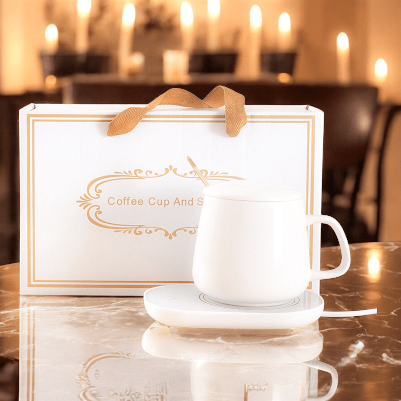 WarmSip ceramic heated coffee mug with warming base