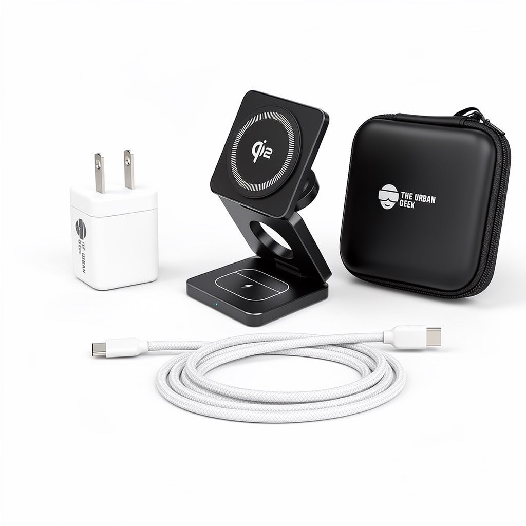FlexCube Qi2 3-in-1 Magnetic Wireless Travel charger with 30W Adapter, USB-C Cable, Black EV case | The Urban Geek