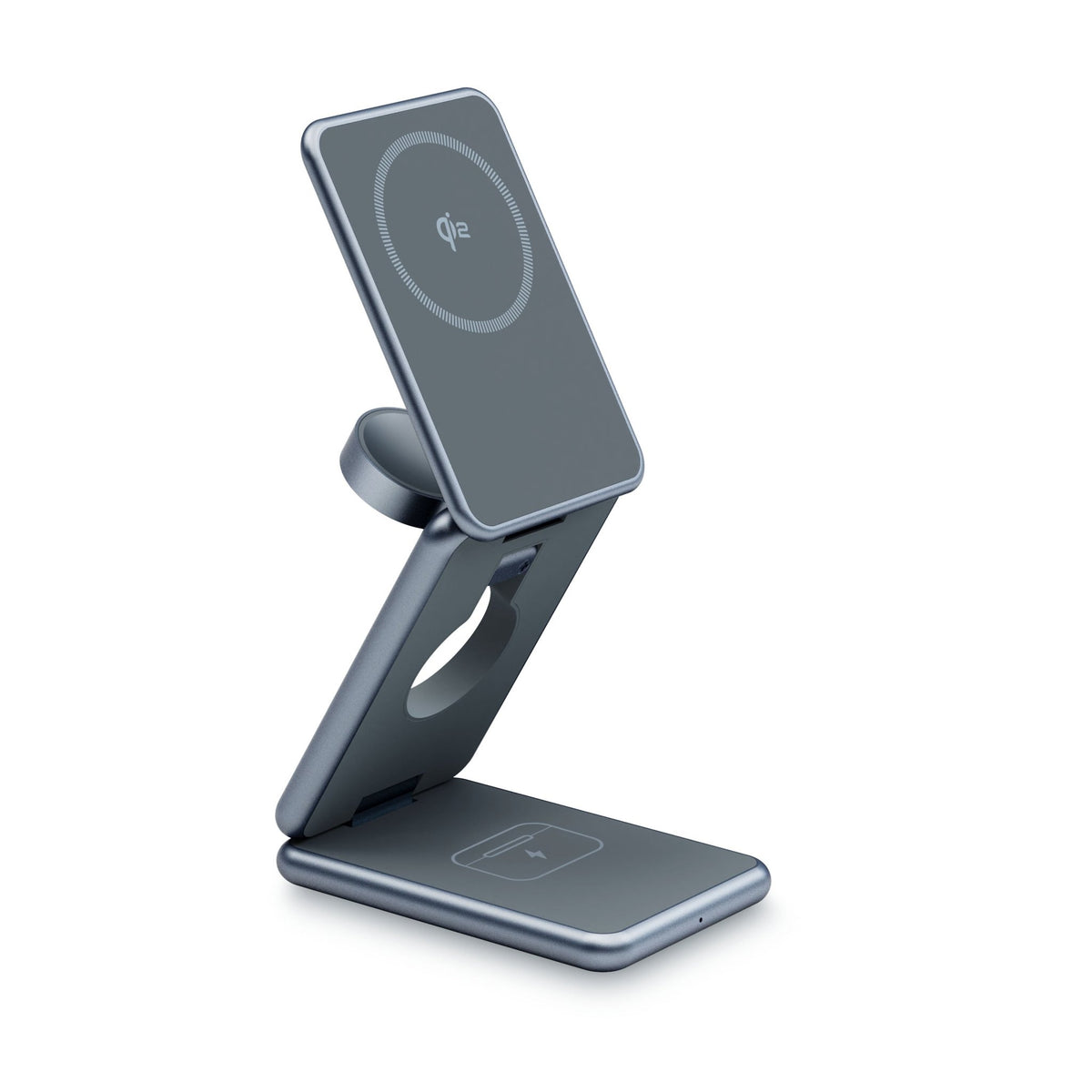 Gray - FlexCube Slim Qi2 3-in-1 Wireless Charger for Samsung Galaxy on charging stand on a white background