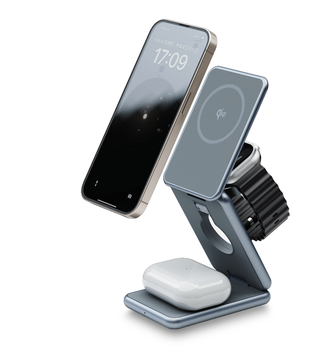 Gray - FlexCube Slim Qi2 3-in-1 Wireless Charger for Samsung Galaxy on charging stand on a white background