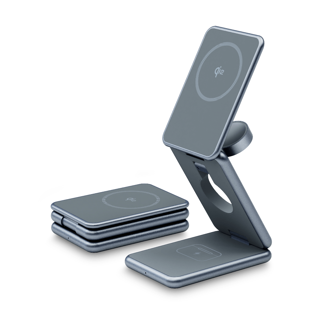 Gray - FlexCube Slim Qi2 3-in-1 Wireless Charger for Samsung Galaxy on charging stand on a white background