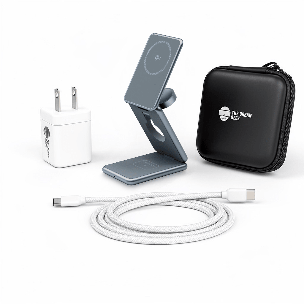 Gray - FlexCube Slim Qi2 3-in-1 Wireless Charger for Samsung Galaxy on charging stand on a white background