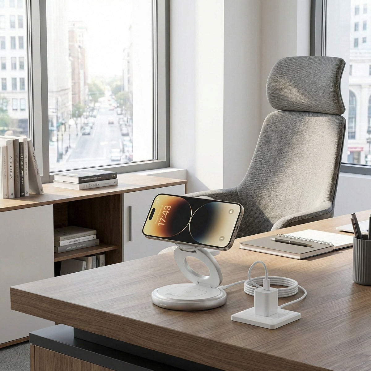 FlexOrb Qi2 Swivel 3-in-1 Wireless Charger, 30W Adapter, USB-C Cable, Travel Pouch on a work desk showing a clean setup