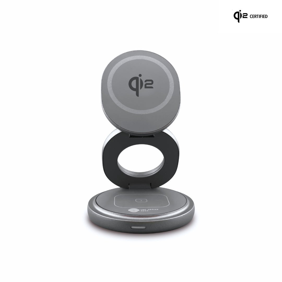 The Urban Geek FlexOrb – Qi2 folding swivel 3-in-1 wireless charger with Qi certification logo on a white background