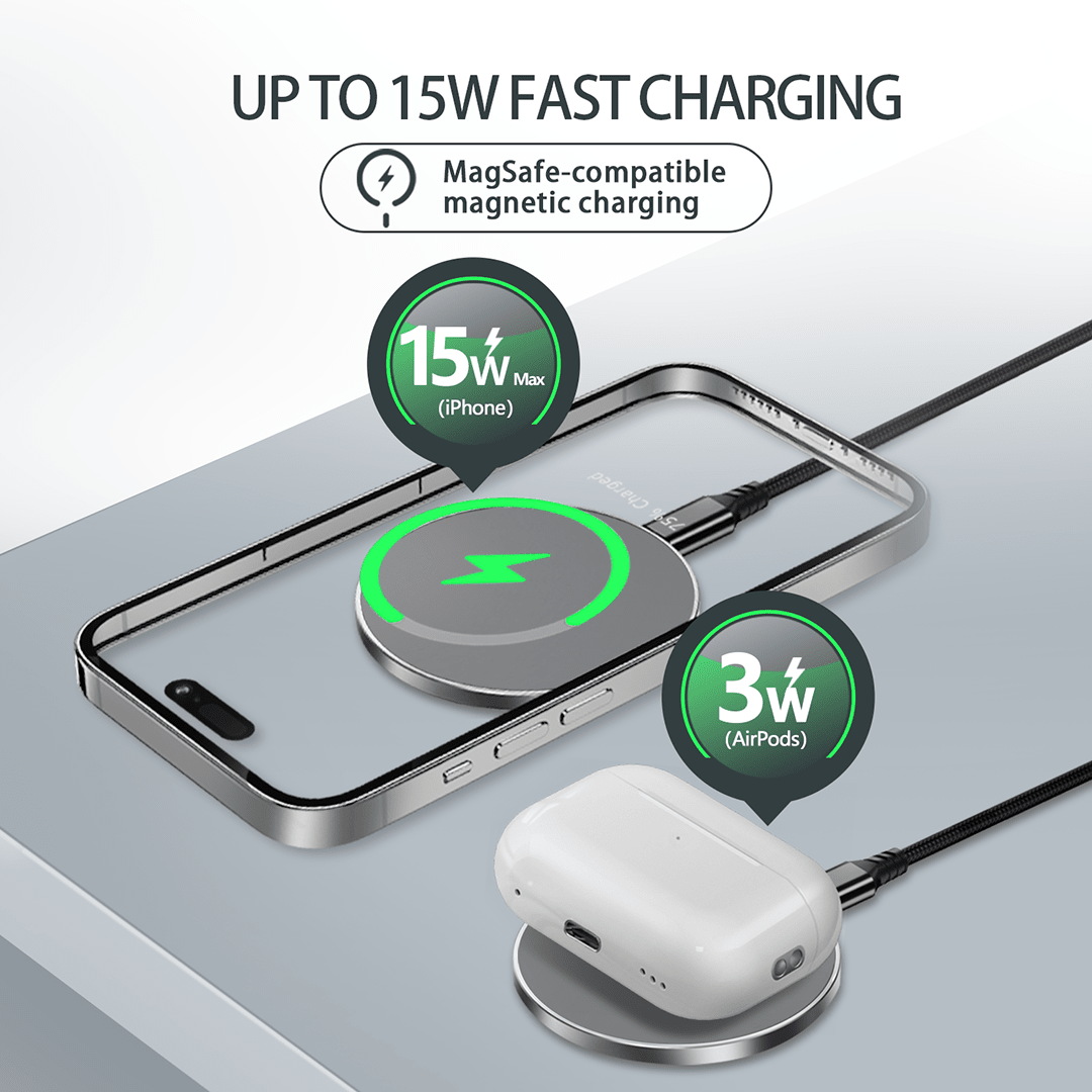 Qi Magnetic Ring Stand Wireless Charger delivers fast charge to a smartphone & wireless earbuds with secure magnet alignment