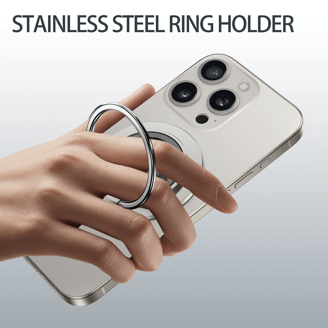 Smartphone held with a built-in stainless steel Magnetic Ring Stand Wireless Charger for secure grip and one-hand use