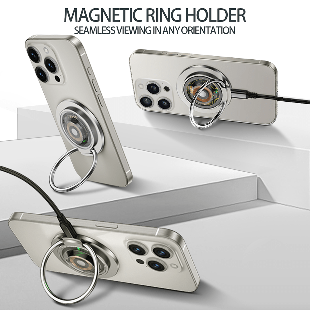 Magnetic Ring Stand Wireless Charger with rotating ring stand supporting portrait and landscape viewing while charging