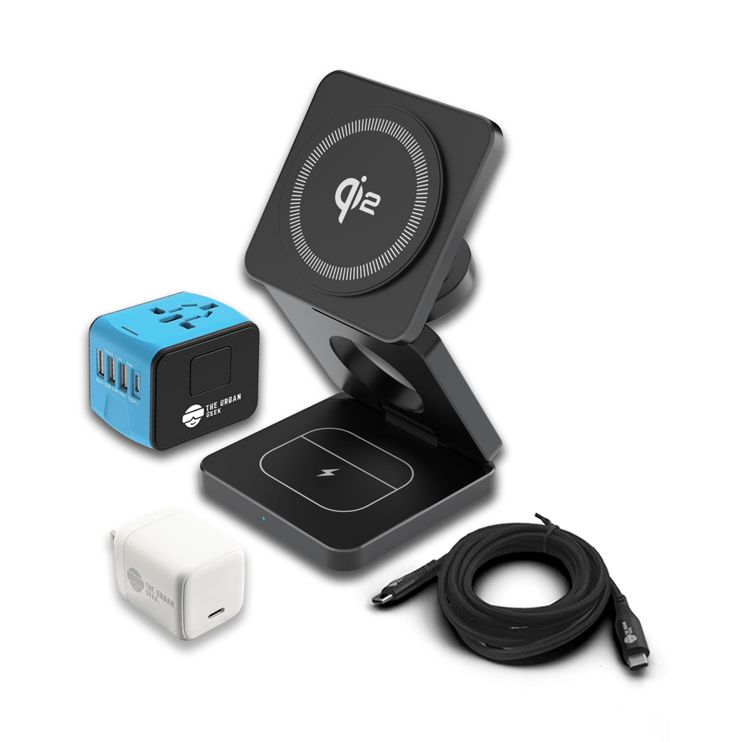 FlexCube 3-in-1 Wireless Travel Charger for iPhone, AirPods and iWatch (Black), Black Universal Adapter, 30W Adapter, black 100W USB-C Data and Charging Cable
